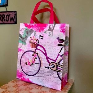 🆕Re-Usable Gloss Lamination Tote Bag: Retro Bicycle Design in Pink